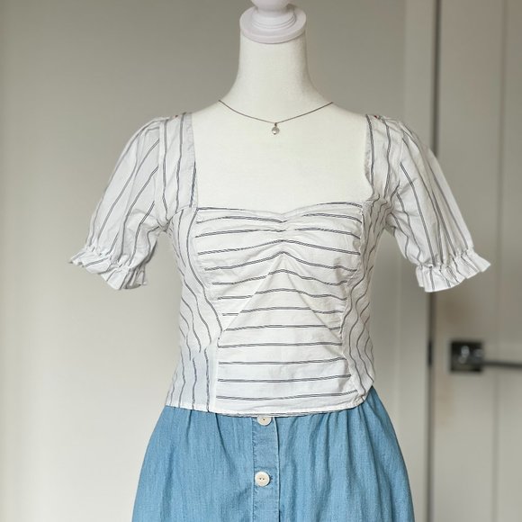 Free People Rose Garden Puff Sleeve Crop Top White with Black Stripe - Picture 1 of 8